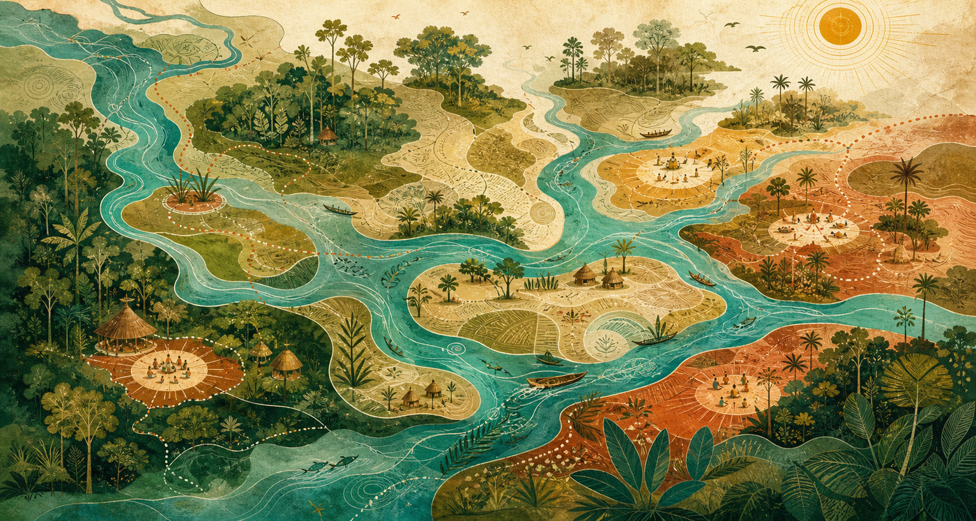 Mapa poético com rios conectando saberes, territórios e matrizes amazônicas.